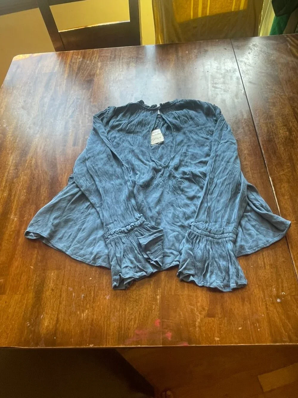 Free People NWT Blue Peasant Blouse Bell Sleeve Crinkle Gauze Size S Boho